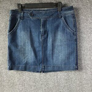 Vintage Blue Epic Distressed Denim Mini Skirt. Functional Pockets. Branded Butto